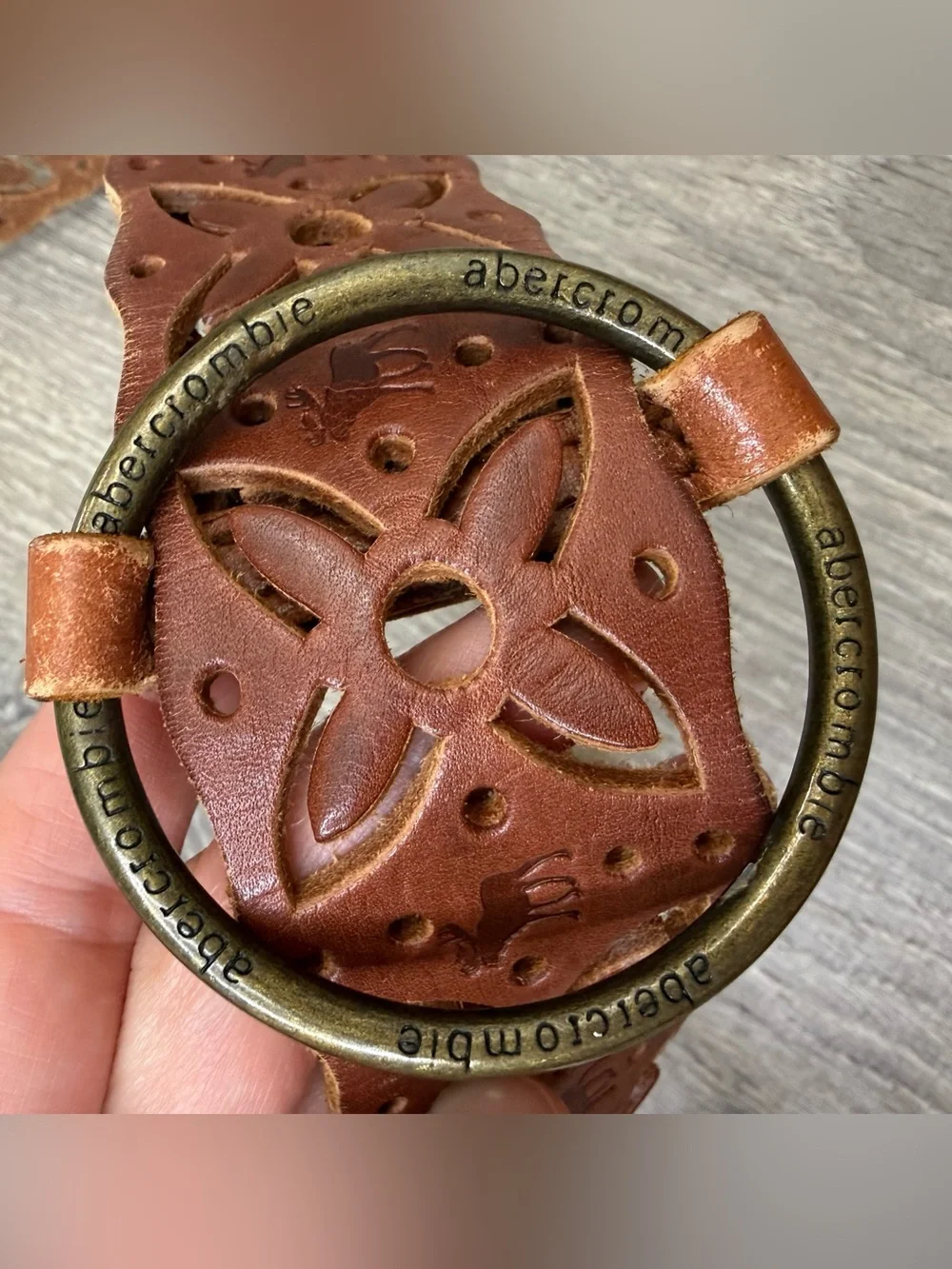 Abercrombie and Fitch L/XL Laser Cut Moose Logo Brown Leather BoHo Belt